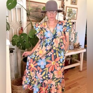 New! The “St. Tropez” Bold Island Florals Tropical Boho Summer Dress Ruffle
